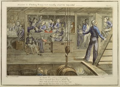 Mestari B löysi asioita, jotka eivät olleet aivan sitä, mitä hän odotti, Thomas McLeanin julkaisusta "The Progress of a Midshipman", 1. elokuuta 1835 (värillinen akvatinta) tekijältä George Cruikshank